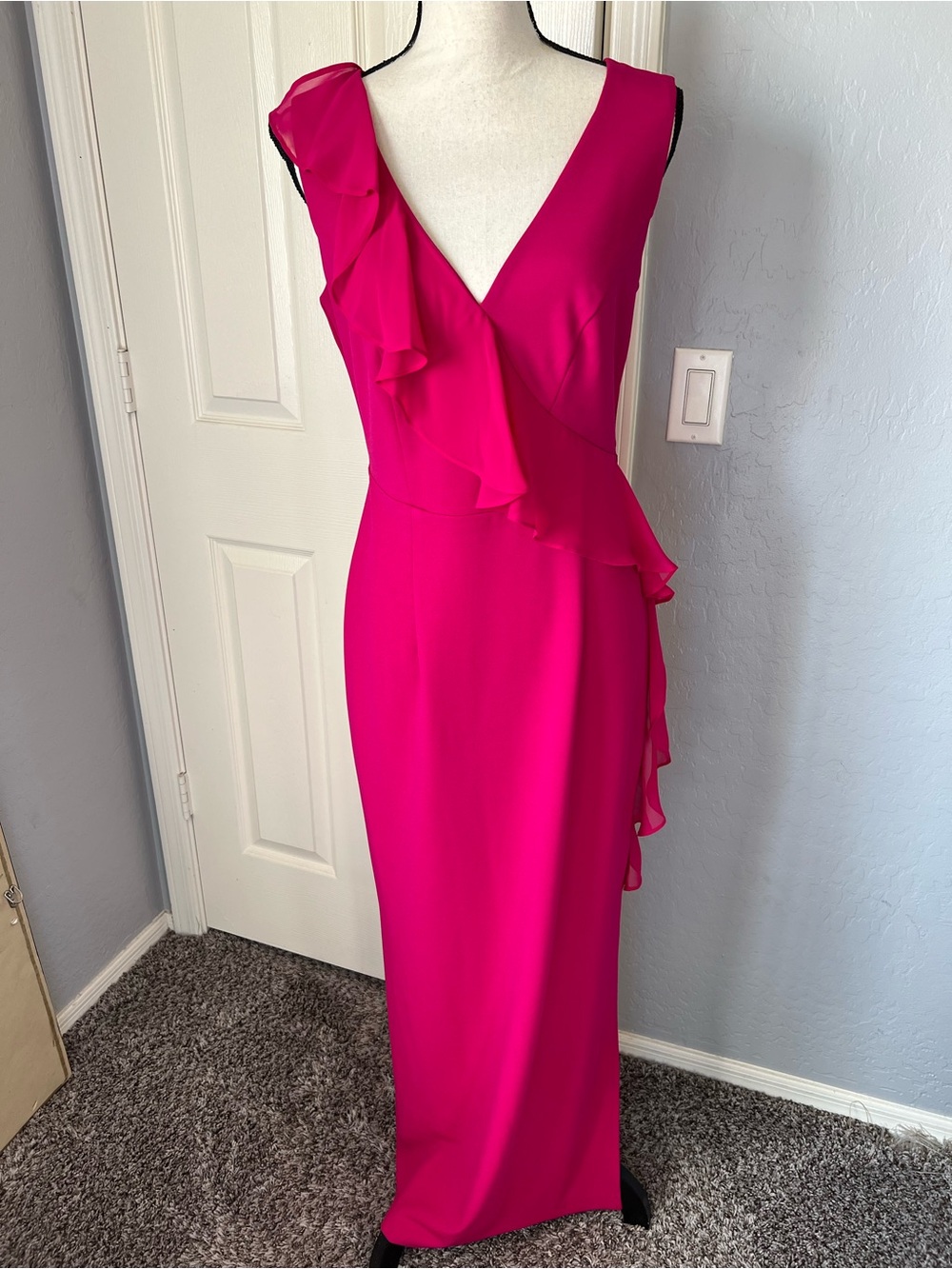 Fuchsia Ruffle V-Neck Maxi Dress